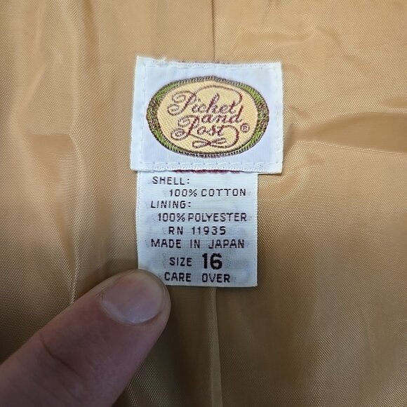 VTG 80s Picket and Post Corduroy Blazer Jacket Womens Size 16 Yellow Japan Made - Picture 8 of 9